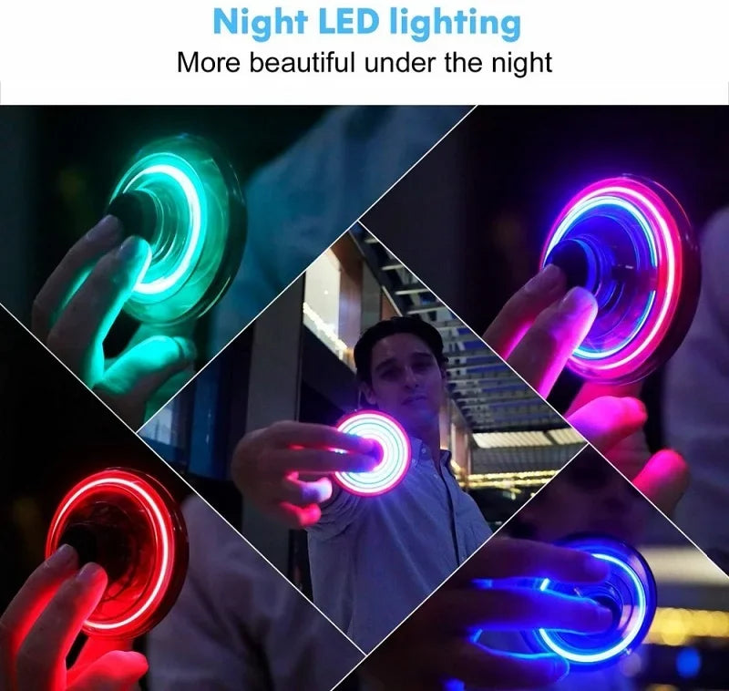 Colorful LED fidget spinner glowing at night, perfect for fun outdoor adventures and night play