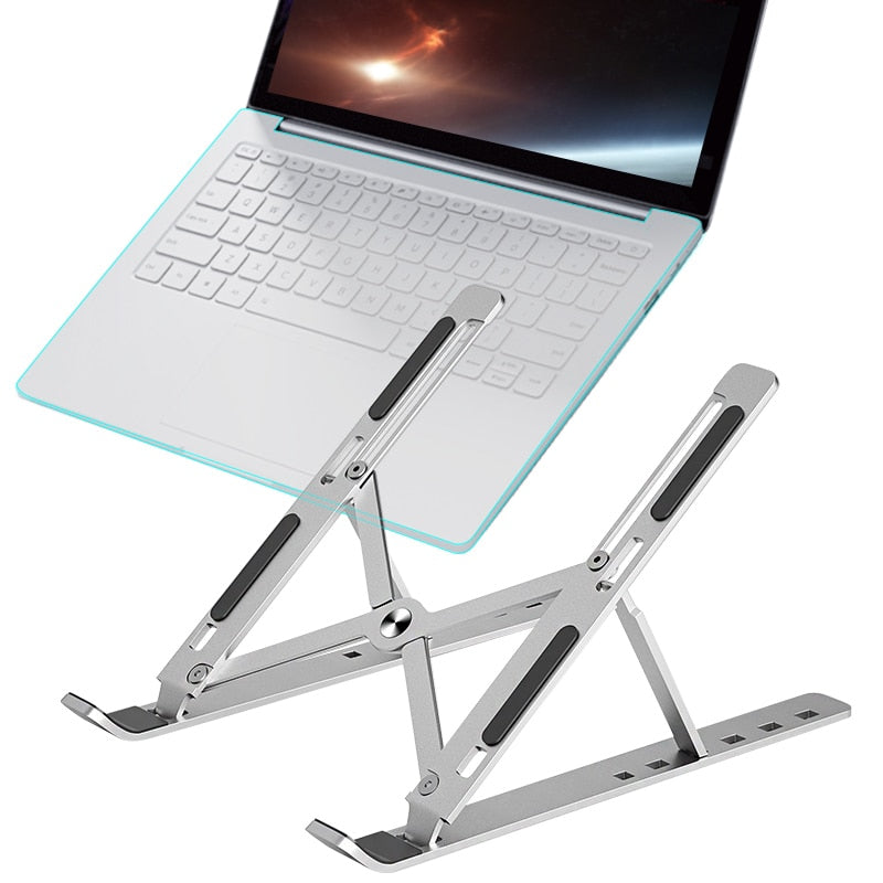 Adjustable laptop stand with sleek aluminum design, elevates notebook for ergonomic comfort and better airflow.